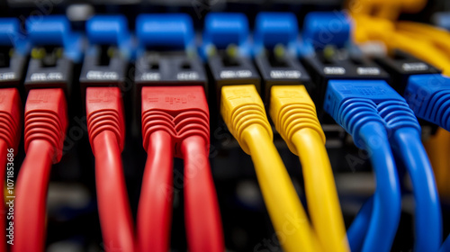 Cables used for computer networks, shown against a backdrop of fiber optic strands.