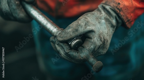 Close up of a dirty calloused hand of a skilled mechanic gripping a wrench while working on automobile repairs in a grungy industrial garage workshop The image conveys the hard work