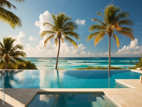 Serene tropical poolside view with palm trees and ocean in the background during a sunny day.