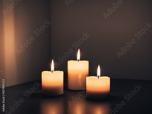 Three glowing candles illuminating a dark space at night.