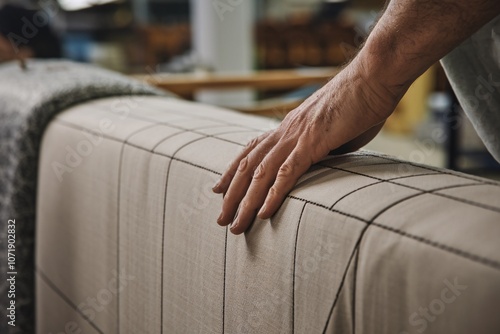 Close-up of a craftsman's hands meticulously tucking and smoothing fabric along the edge of a chair back, showcasing the detail and skill involved in upholstered furniture production.