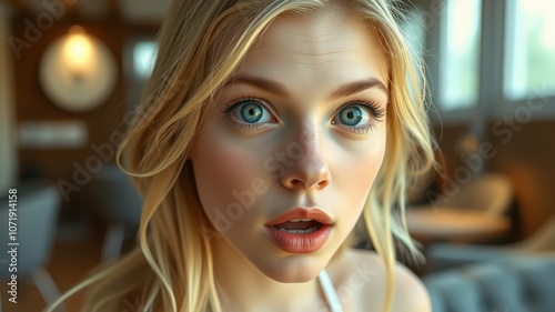 A blonde woman with blue eyes stares in surprise, her mouth agape