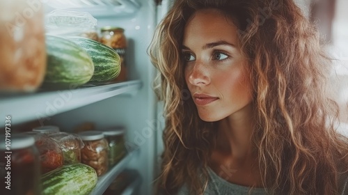 A young woman with curly hair peers into an open refrigerator stocked with fresh produce and jars, suggesting themes of health and choice in a cozy kitchen setting.