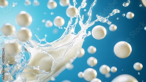 80.Illustrative 3D scene showing milk tablets splashing onto calcium balls on a blue background, emphasizing the role of vitamin D in strengthening bones