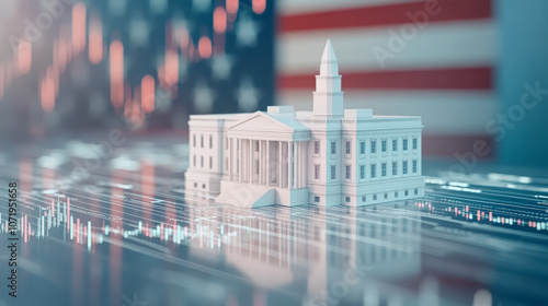 A miniature model of a government building sits against a backdrop of financial charts and the blurred colors of the American flag.