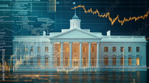 An illustration of the White House overlaid with financial graphs and data, symbolizing economic impact or analysis in a governmental context.