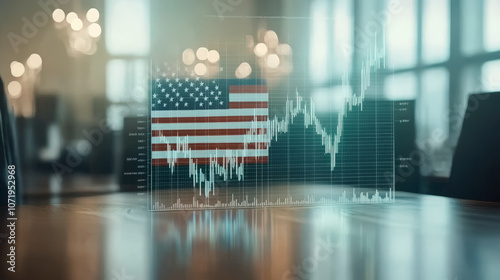 An American flag overlay on a stock market graph against a blurred indoor background, symbolizing U.S. economic trends or financial data analysis.