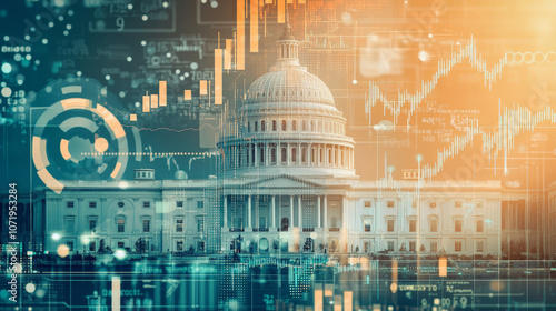 The image depicts the U.S. Capitol building with overlaid graphics of financial charts and data, symbolizing the intersection of politics and economics.