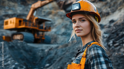 Australian woman in mining gear operating machinery at an open-pit gold mine with rugged terrain and mining equipment -