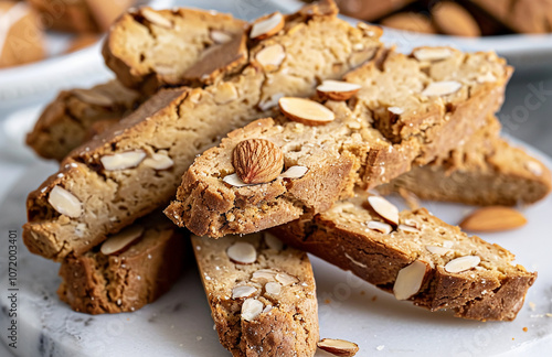 A stack of biscotti with almonds, ready to be enjoyed. These biscotti are a classic Italian treat, perfect for dunking in coffee or tea