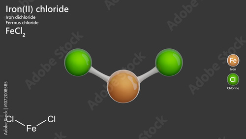 Molecule: Iron(II) Chloride. Molecular structure. Formula: FeCl2. Chemical model: Ball and stick. Gray background. 3D illustration.