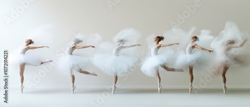 Ballerinas perform an ethereal routine, their movements a blur of grace and elegance captured in harmonious succession.