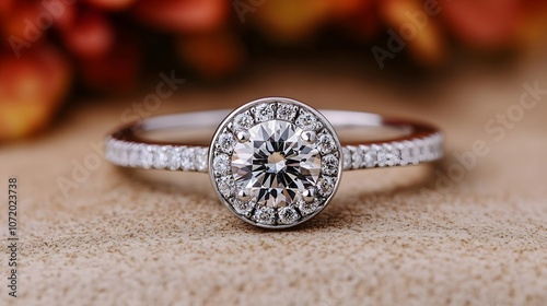 Sparkling Diamond Engagement Ring with Halo Setting Displayed on Warm Rustic Background with Fall Foliage