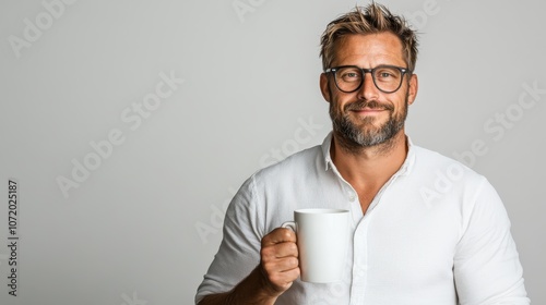 A cheerful man with glasses and a beard smiles while holding a mug, captured against a neutral backdrop, conveying warmth and friendliness in everyday life.