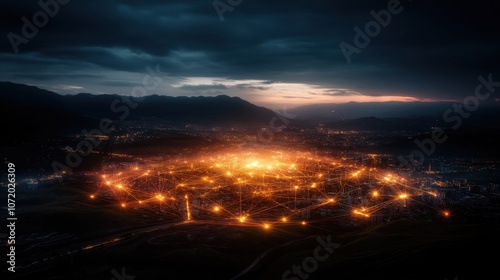 A vast cityscape at dusk showcases a glowing network of connected lights spread across the skyline, symbolizing global connectivity and urban splendor under cloudy skies.