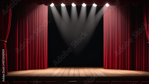 Red velvet curtains parted to reveal a spotlight on a wooden stage.