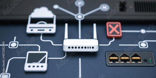 A close-up shot featuring network topology LAN objects icon design including router, server, and switch, icon, networking