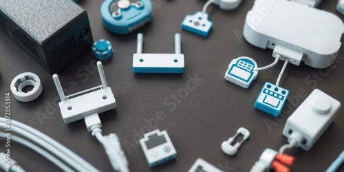 A close-up shot of various network topology LAN objects icons including router, server, networking hardware, and switch, server, network topology