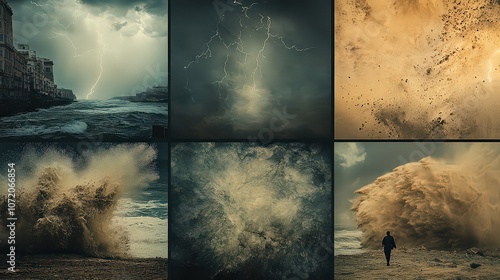  Series of intense natural scenes showing massive waves, dust storms, and lightning, highlighting the power and unpredictability of nature.