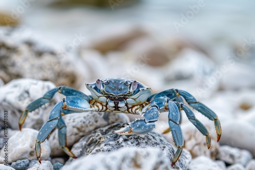 A crab sits atop a pile of rocks, offering a unique vantage point