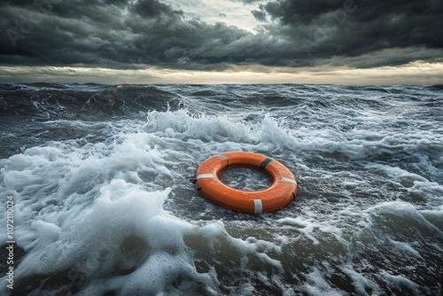 Orange life buoy floating on rough ocean waves under stormy cloudy sky