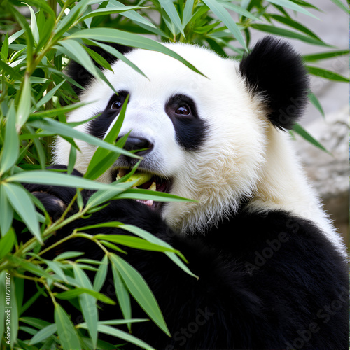 A panda munching on bamboo, sitting comfortably in a patch of greenery, its black-and-white fur striking against the leaves