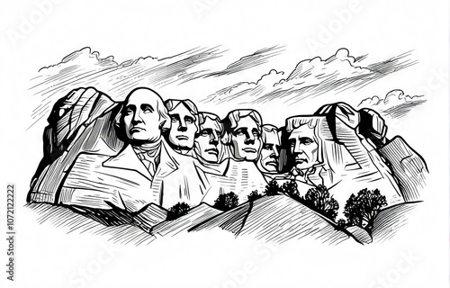 Mounumental artwork depicting the iconic faces of presidents carved into Mount Rushmore at sunset in South Dakota