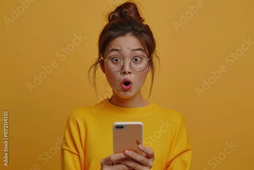 Surprised Asian woman looking at her phone