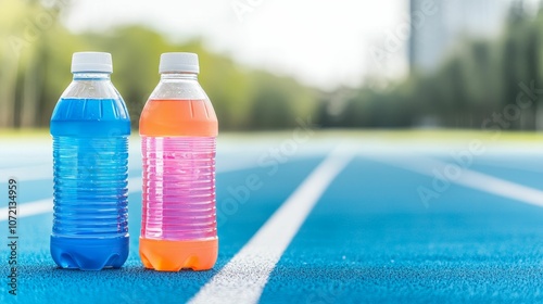 Two vibrant sports drink bottles in blue and orange stand on a blue running track, emphasizing hydration, activity, and energy.