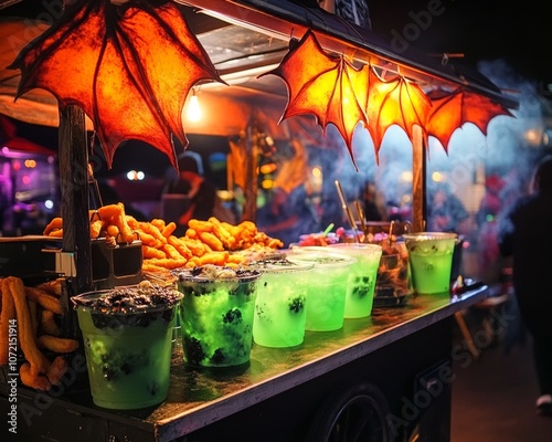 Food stall at night market with bat wings decoration.