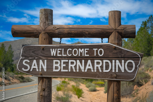 Stylish wooden "Welcome to San Bernardino" sign, ideal for US city entrance road signs, travel signage, urban landmarks, and city-themed branding projects.