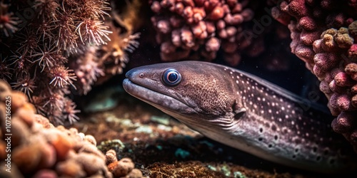 Captivating Underwater Scene Featuring a European Conger Eel Surrounded by a Beautiful Bokeh Effect, Creating an Enchanting Atmosphere in a Marine Habitat Full of Colorful Marine Life