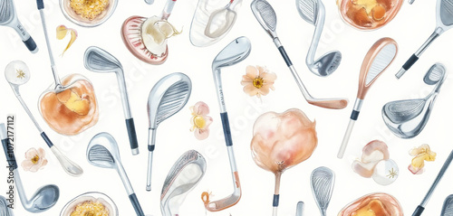 Watercolor golf clubs with pastel tones and artistic creative patterns