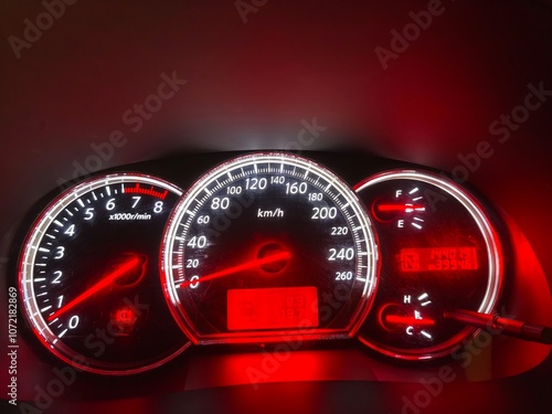 A close up photo of a car dashboard at night, illuminated with a red glow.