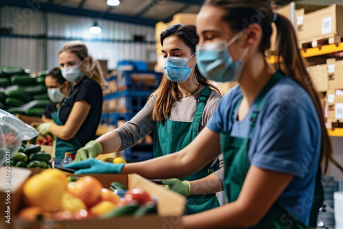 Lavoratori che indossano mascherine e guanti mentre confezionano in sicurezza gli alimenti. Enfatizzando la sicurezza alimentare nei processi industriali.