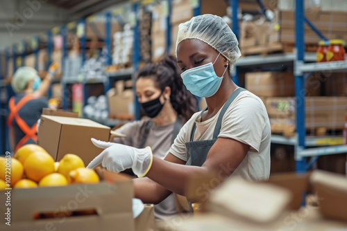 Lavoratori che indossano mascherine e guanti mentre confezionano in sicurezza gli alimenti. Enfatizzando la sicurezza alimentare nei processi industriali.