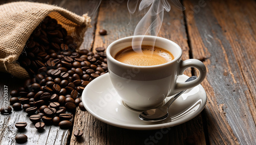 Steaming cup of coffee on wooden table with spilled beans.