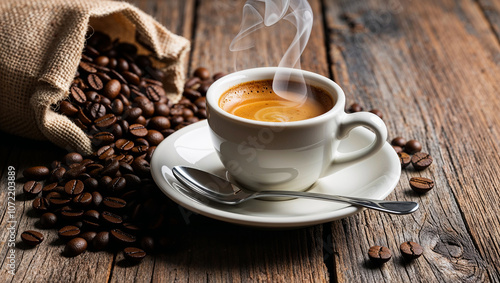 Coffee cup with fresh beans on rustic wooden table surface.