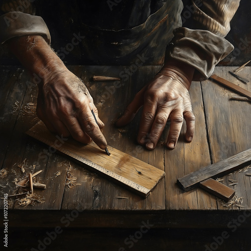 A skilled carpenter measures a piece of wood, showcasing calloused hands and an organized workbench filled with tools and wood shavings in warm light