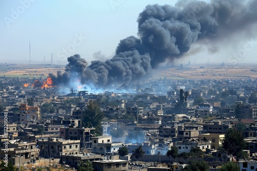 Destroyed buildings and smoke plumes in a city