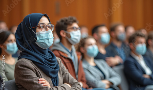 International conference, businessmen and diplomats are sitting in masks in the hall