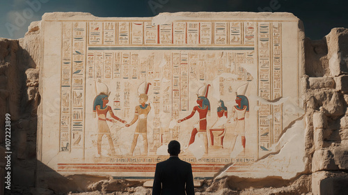 Ancient Egyptian Hieroglyphs: A lone figure stands before a massive stone slab adorned with intricate ancient Egyptian hieroglyphs, evoking a sense of mystery, history, and exploration. 