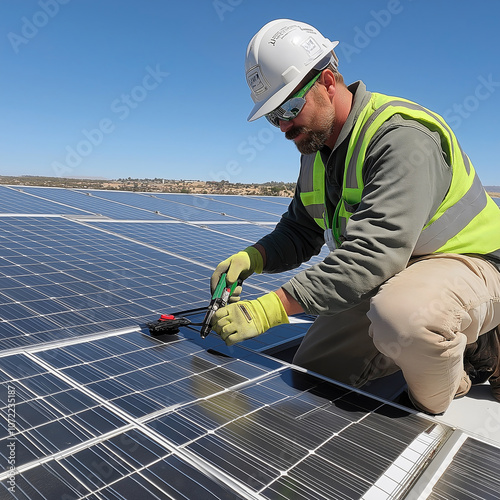 An electrical maintenance worker checks the wiring of solar panels on a rooftop, using a digital tester to ensure clean energy efficiency under the bright sun