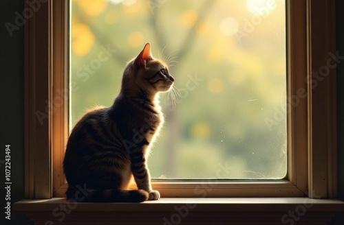 Cat chirping or chattering. Cute kitty sitting on windowsill while vocalizing with mouth wide open. Concept for why cats chirp sounds or cat talking. Selective focus with defocused reflection.