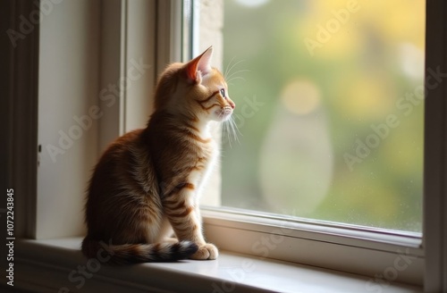 Cat chirping or chattering. Cute kitty sitting on windowsill while vocalizing with mouth wide open. Concept for why cats chirp sounds or cat talking. Selective focus with defocused reflection.