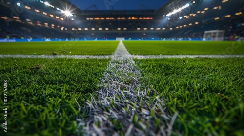 Close up of white line marking on green grass field in empty stadium