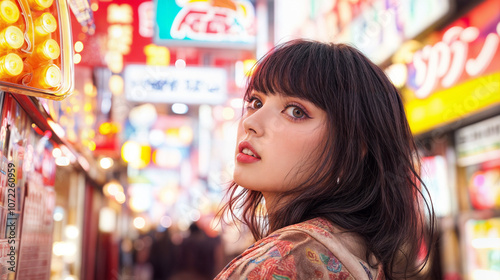 Beautiful thoughtful Japanese woman with Black Hair in Akihabara Tokyo