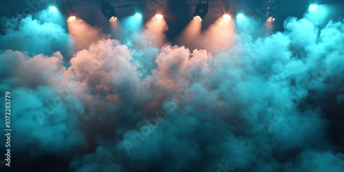 Ultra HD capture of opalescent smoke billowing across an empty stage, rose gold and turquoise overhead spotlights cutting through haze, symphonic light beams, obsidian void backdrop