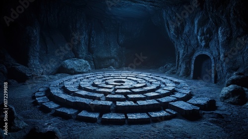 A mystical labyrinth within a dark cave, evoking mystery and intrigue.