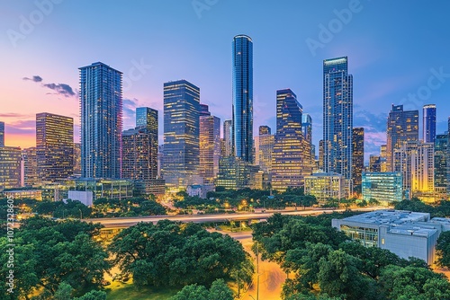 City Skyline at Dusk with Illuminated Buildings and Vibrant Sky over Green Park Area Representing Urban Lifestyle and Modern Architecture